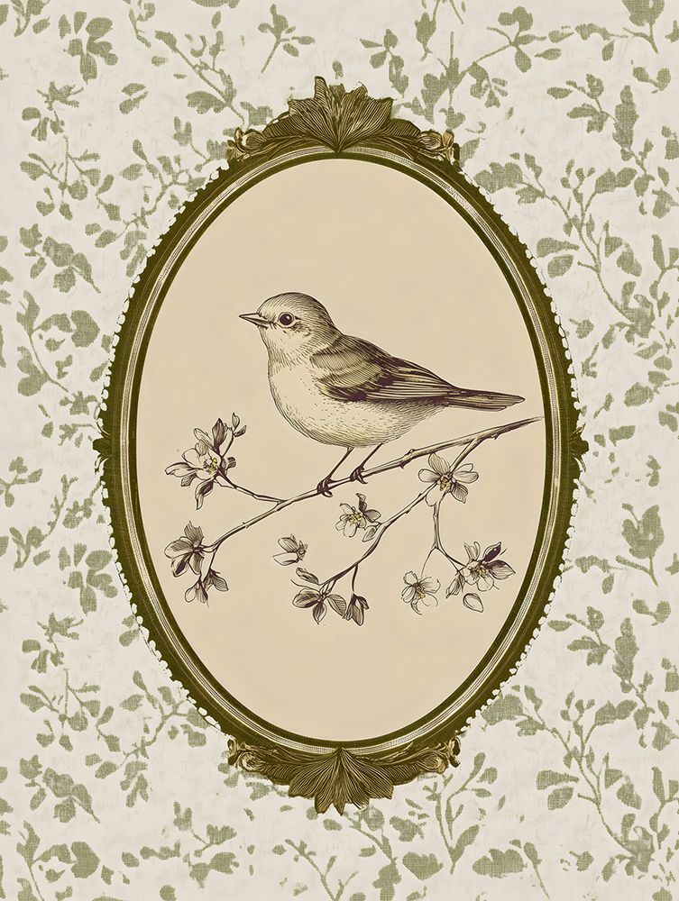 Pássaro em Oval Bege — vintage — Arlington Prints