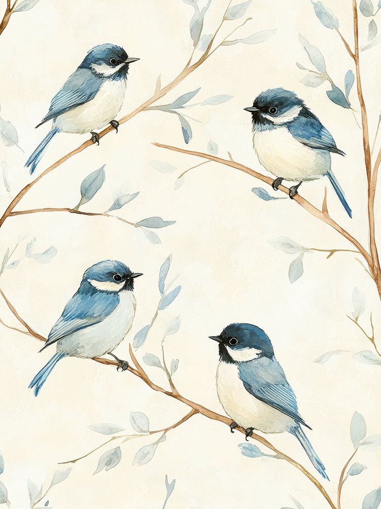 Pássaros Azuis em Ramos Azuis I — Petals Print Design