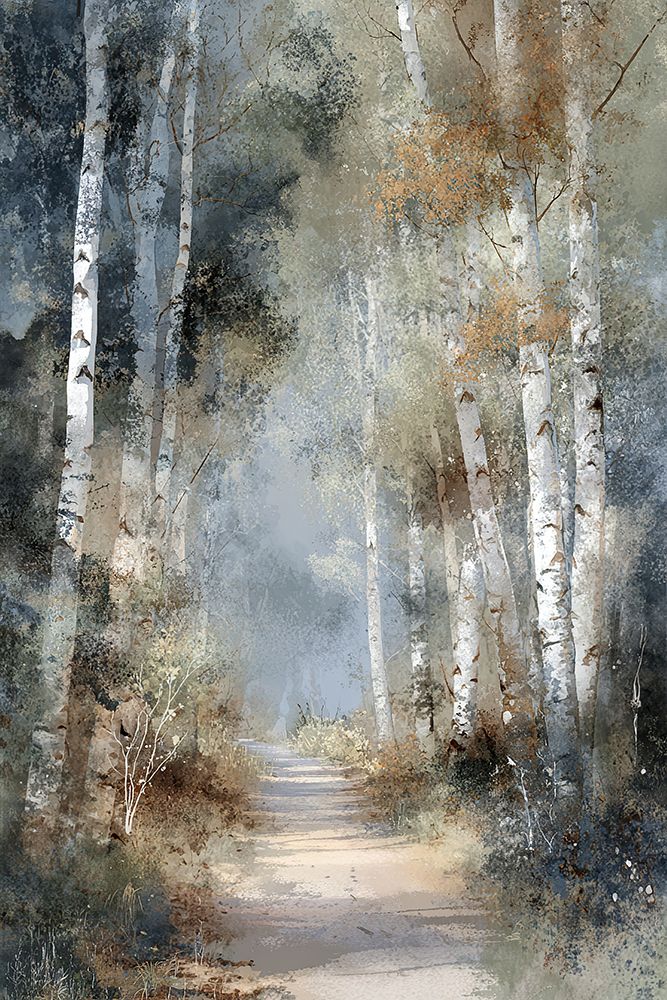Caminho na Floresta de Bétulas — névoa em azul e cinza — Harmony Inhouse Artist