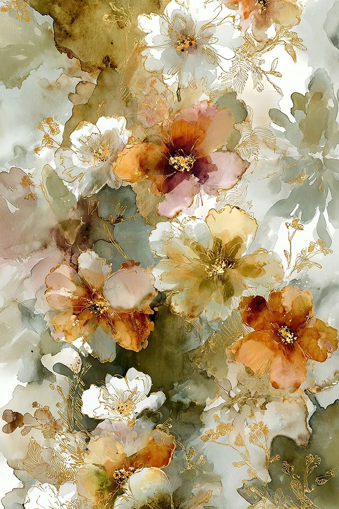 Flores Silvestres em Pêssego e Branco — aquarela dourada — Harmony Inhouse Artist