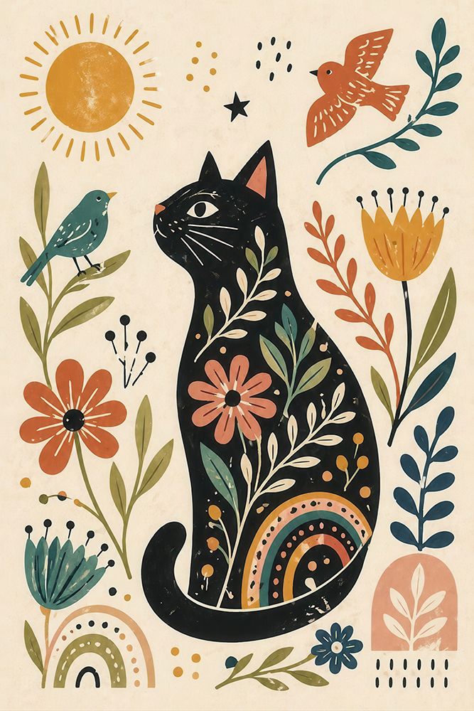 Gato Atento entre Flores Folclóricas ao Sol — Harmony Inhouse Artist