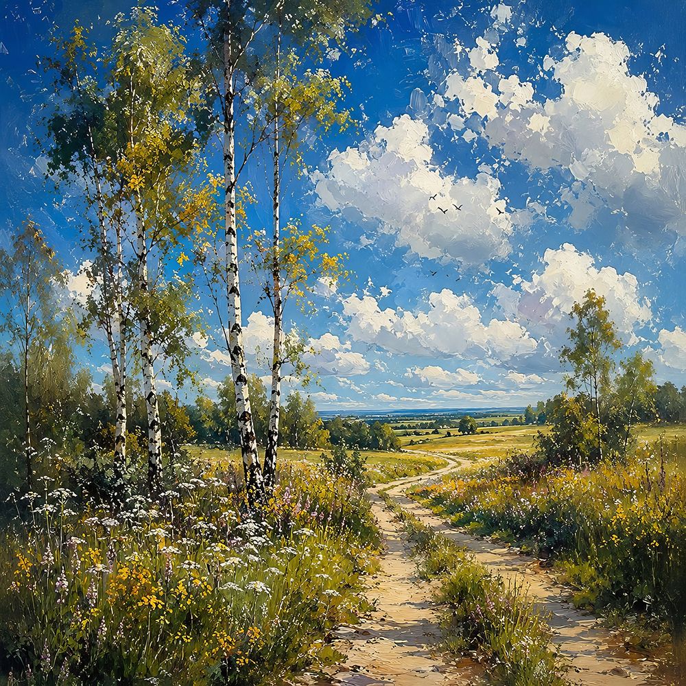 Caminho de Bétulas sob um Céu Azul — Harmony Inhouse Artist