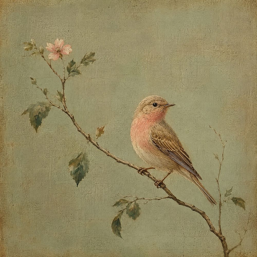 Pássaro Rosa Segura um Ramo em Flor — Harmony Inhouse Artist