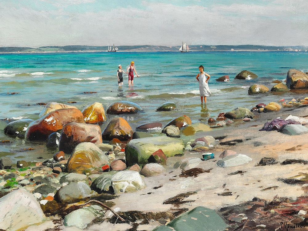 Young women bathing at the beach at Alsgarde, 1921 — Mork Monsted, Peder