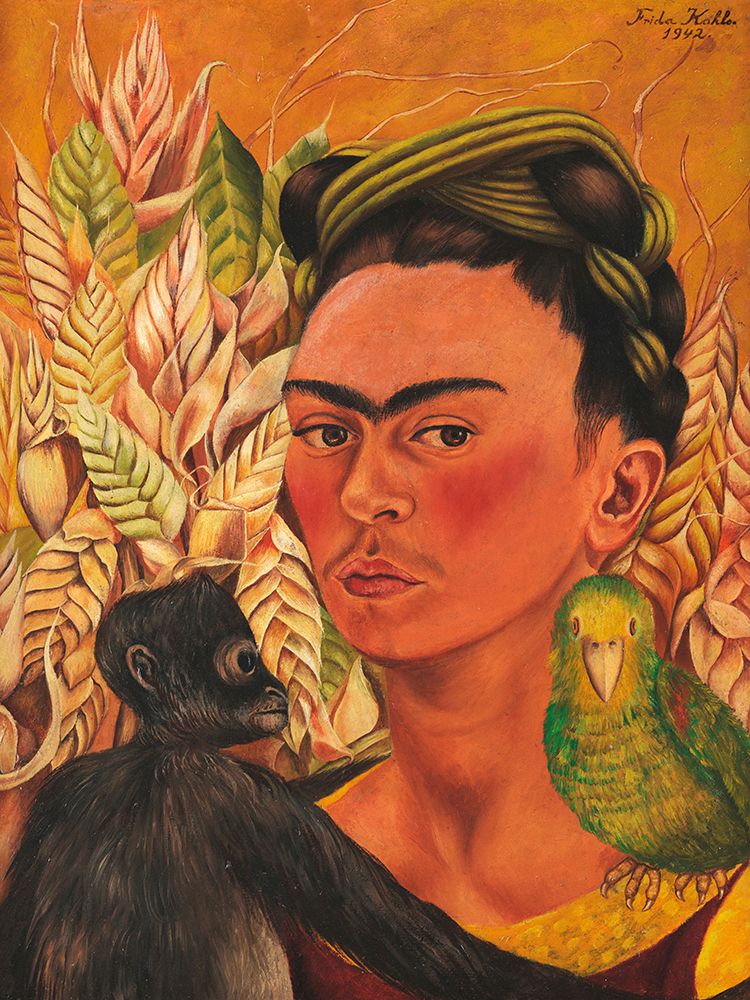 Autorretrato com Macaco e Papagaio, 1942 — Frida Kahlo