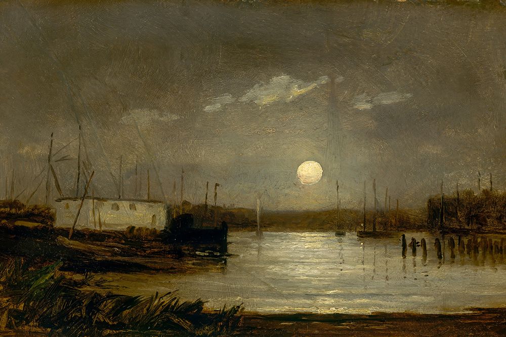 Untitled, Moon over a Harbor, Wharf Scene with Full Moon and Masts of Boats ca 1868 — Bannister, Edward Mitchell